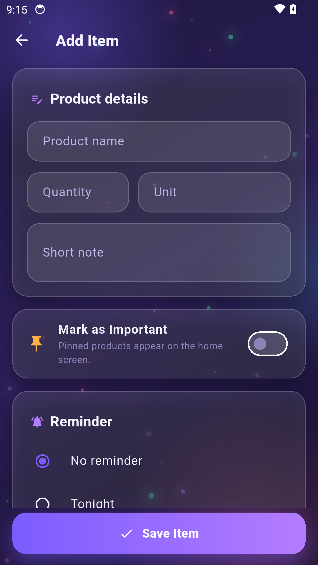 Shop Pinboard add item screen